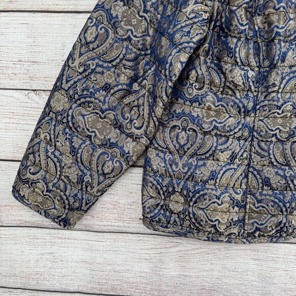 Chico's Quilt Lined Tapestry Jacket Womens Size 3/16/XL Blue/Metallic Open Front - Picture 5 of 14
